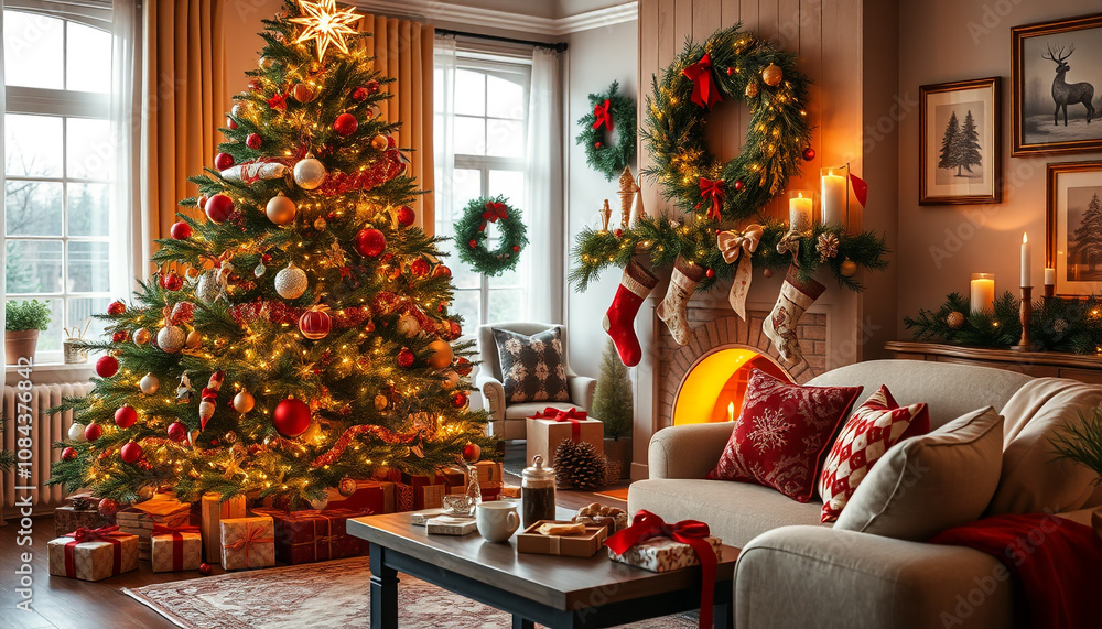 Festive Christmas Decorations in a Cozy Living Room Setting. A Christmas Festive Concept. Festive Christmas Decorations in a Cozy Living Room Setting. A Christmas Festive Concept.