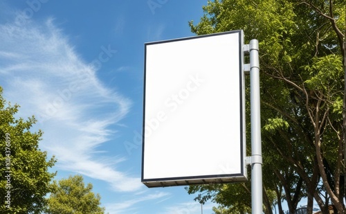 Blank advertising billboard in a park on a sunny day surrounded by green trees and blue sky, inviting for creative promotions photo