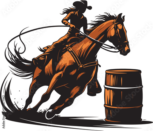 A cowgirl riding a  horse in a barrel racing competition