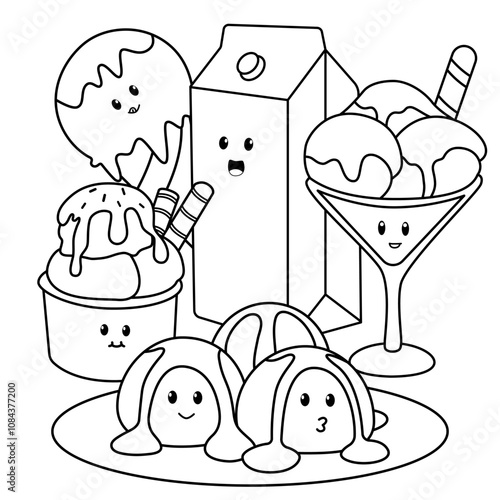 Hand drawn cute kawaii kids coloring book illustration with ice cream, milk, gelato and mochi. Fun dessert sweet theme. Vector drawing coloring page design.