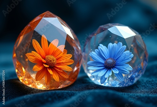 Blue and orange flowers encapsulated in crystal polygons, reflecting light on a blue fabric background
 photo