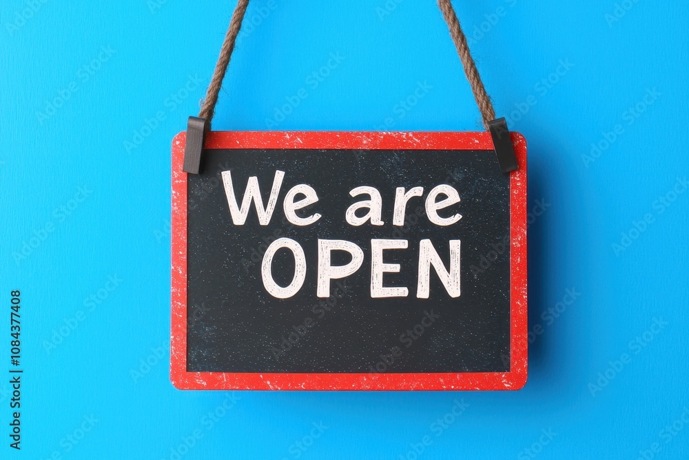 Hanging Chalkboard-Style We Are Open Sign with Red Frame on Blue Background Hanging Chalkboard-Style We Are Open Sign with Red Frame on Blue Background