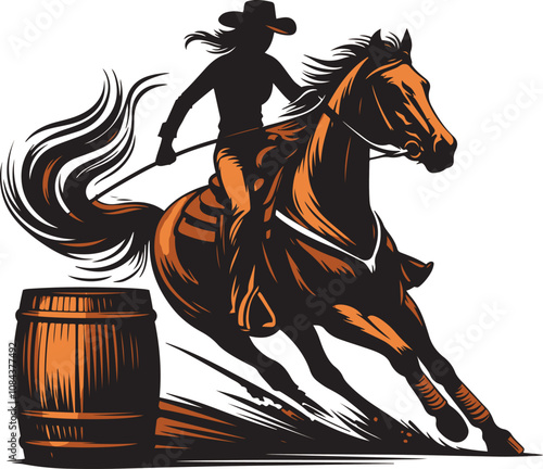 A cowgirl riding a  horse in a barrel racing competition