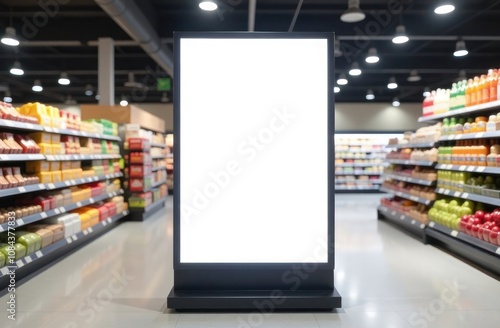 Empty illuminated billboard in a supermarket aisle, ideal for advertisements