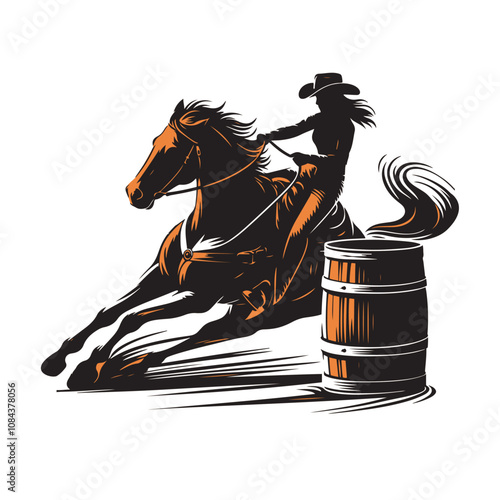 A cowgirl riding a  horse in a barrel racing competition