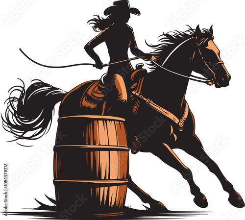 A cowgirl riding a  horse in a barrel racing competition