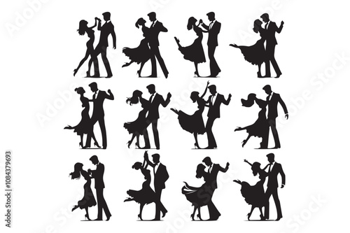 Beautiful couple dancing silhouette vector. Vector silhouettes of dancing people.