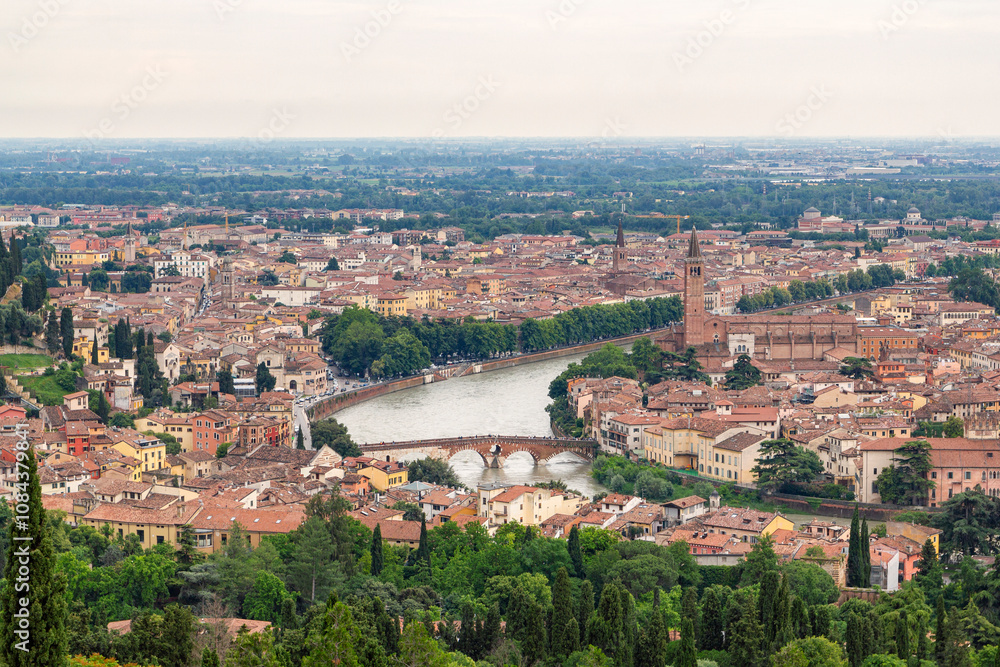 Obraz premium a beautiful, stunning unique panoramic view from the top of the Santuario della Madonna di Lourdes church at a steep hill in Verona, italy
