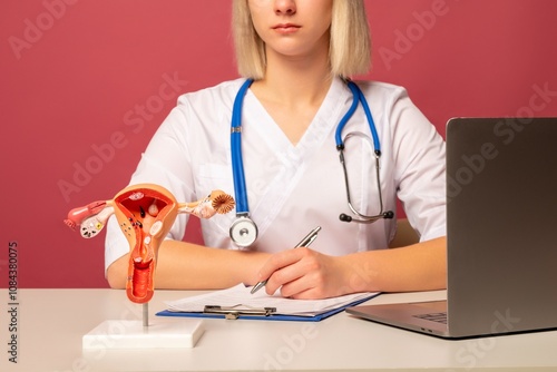 anatomical model of female reproductive systemon work desk of doctor photo