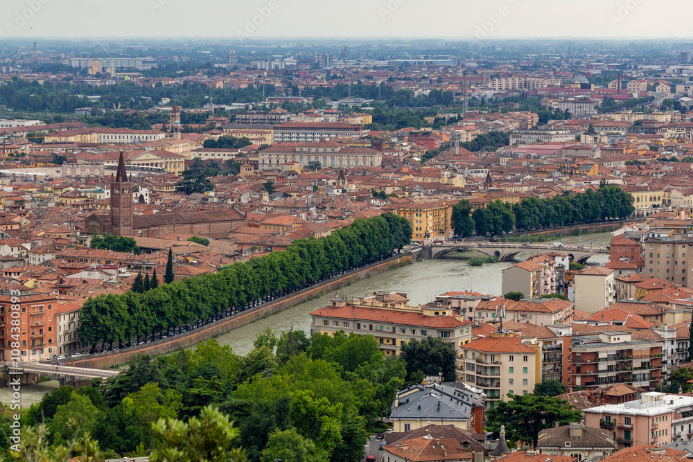 Fototapeta premium a beautiful, stunning unique panoramic view from the top of the Santuario della Madonna di Lourdes church at a steep hill in Verona, italy
