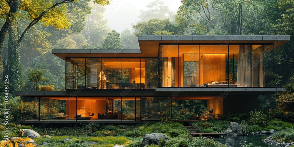 Fototapeta premium Modern house with large windows overlooking a lush green forest.