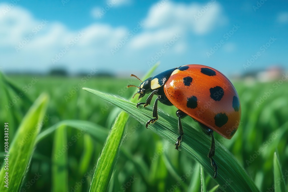 Fototapeta premium macro lens photography capturing a vibrant ladybug perched on a green paddy plant, showcasing intricate details and colors that bring the natural world to life