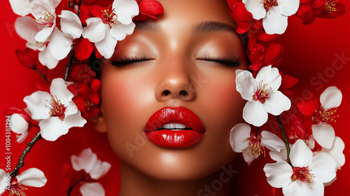 A beautiful Black woman model with flawless make up and red lips with white flowers and red background photo