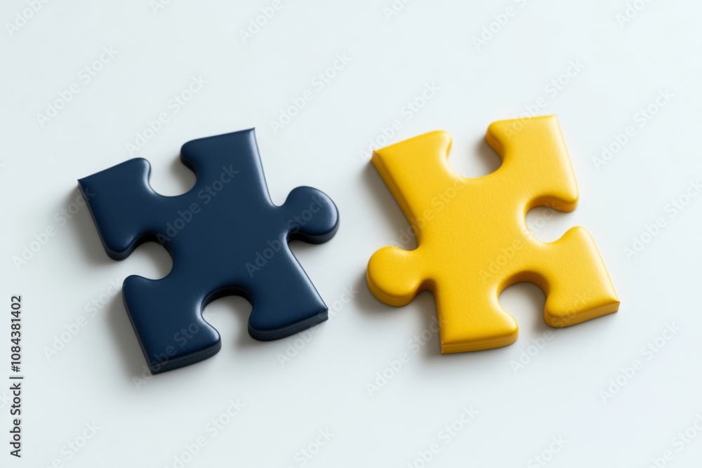 Fototapeta premium Blue and Yellow Puzzle Pieces on White Background: Symbolizing Connection and Collaboration in Modern Stock Photography