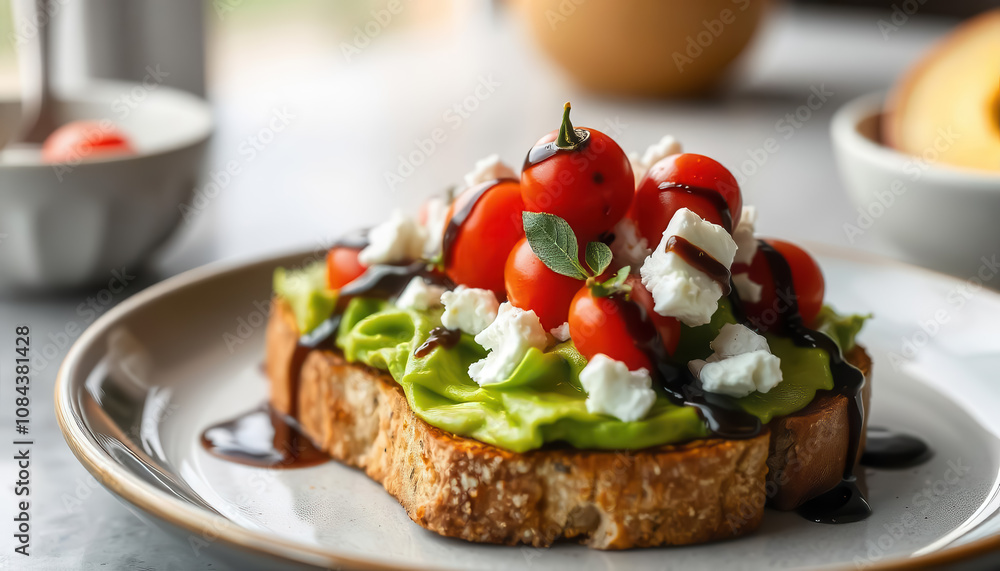 Delicious avocado toast with cherry tomatoes and balsamic drizzle kitchen table food photography natural light close-up culinary art for healthy eating enthusiasts Delicious avocado toast with cherry tomatoes and balsamic drizzle kitchen table food photography natural light close-up culinary art for healthy eating enthusiasts