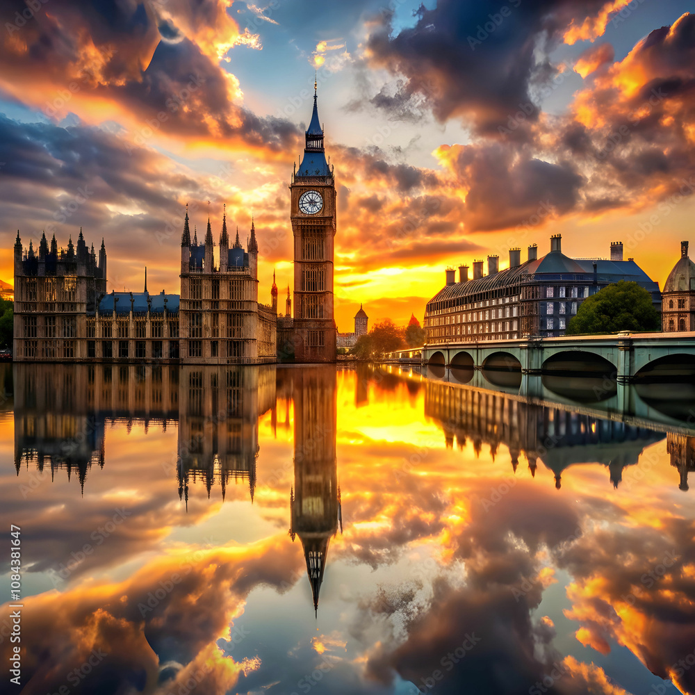 Fototapeta premium reflection of big ben in city at sunset