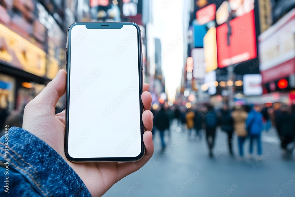 Blank Smartphone Screen in Busy City Street Mockup App Travel Blank Smartphone Screen in Busy City Street Mockup App Travel