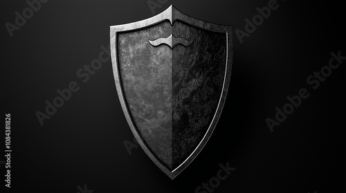 A bold, modern shield with clean lines and a metallic texture, set against a solid black background. photo