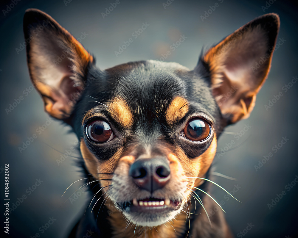 A close-up of a small toy terrier with expressive eyes and a slightly grumpy expression, capturing personality and character in a humorous way. A close-up of a small toy terrier with expressive eyes and a slightly grumpy expression, capturing personality and character in a humorous way.