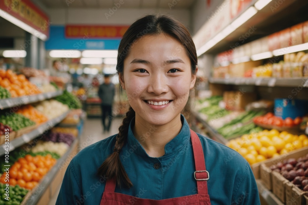 Close portrait of a smiling young Mongolian female grocer standing and looking at the camera, Mongolian grocery store blurred background Close portrait of a smiling young Mongolian female grocer standing and looking at the camera, Mongolian grocery store blurred background