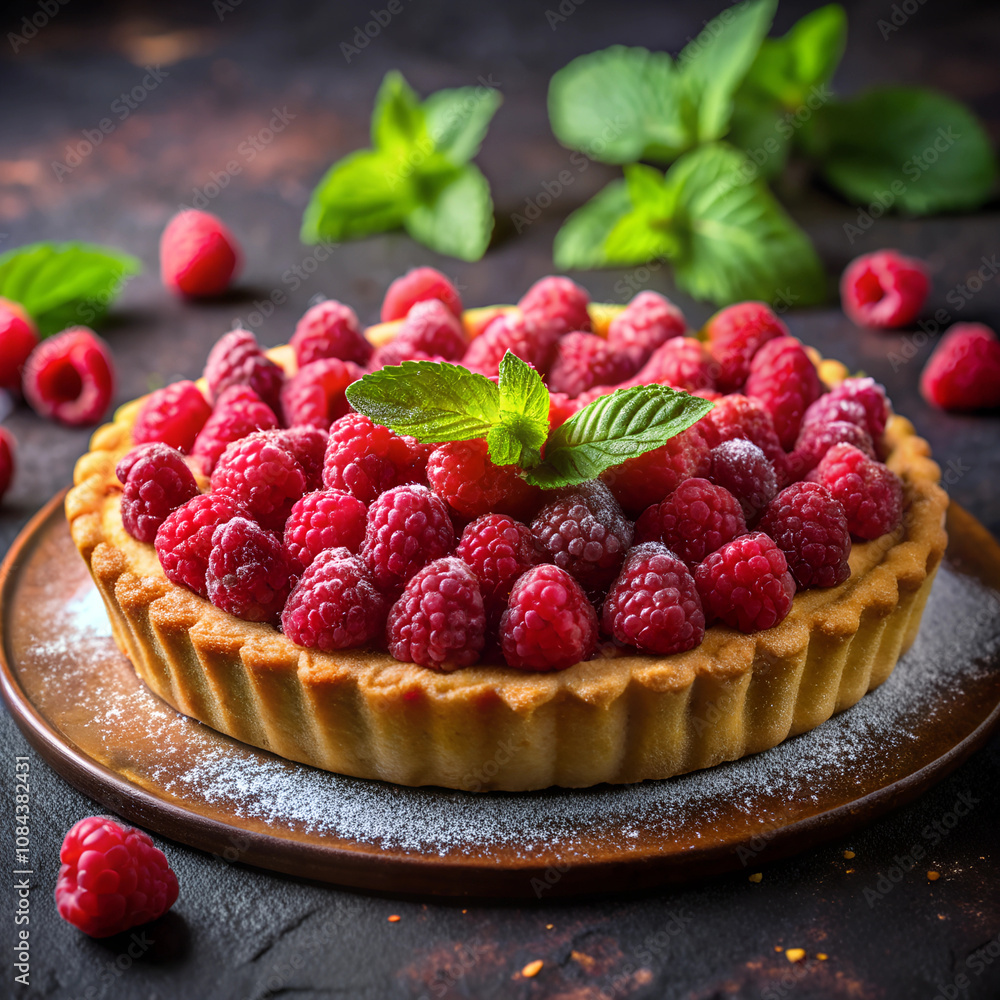 A freshly baked raspberry tart topped with vibrant berries and mint leaves, set on a dark rustic surface for a gourmet look. A freshly baked raspberry tart topped with vibrant berries and mint leaves, set on a dark rustic surface for a gourmet look.