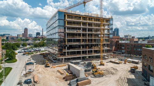 Modern Construction Site with Glass Panels Underway