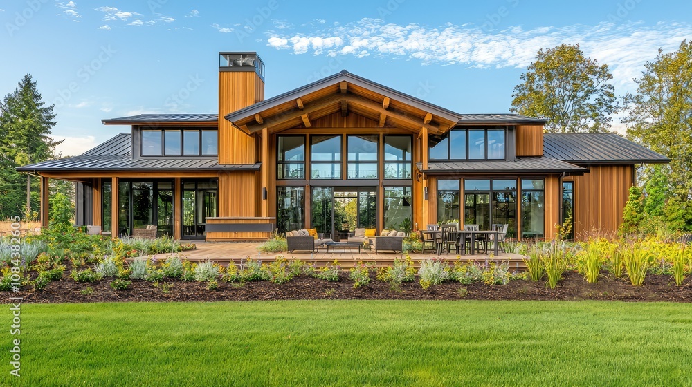 Modern Farmhouse Exterior with Sleek Wooden Panels Modern Farmhouse Exterior with Sleek Wooden Panels