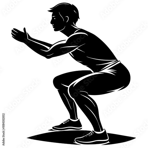 Squat Silhouette: Powerful and minimal silhouette of a man in a squat position. Perfect for fitness, strength training, and gym-related projects.  