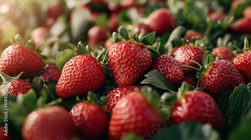 A close-up of fresh red strawberries basking in sunlight amidst a lush garden, illustrating natural abundance and the harvest joys of gardening and nature. photo