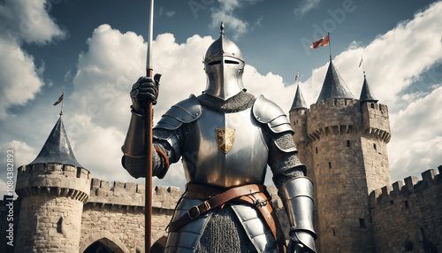 Caballero medieval en un castillo, armadura brillante, bandera ondeando, cielo nublado. Época medieval. Luchador.. Bélico.