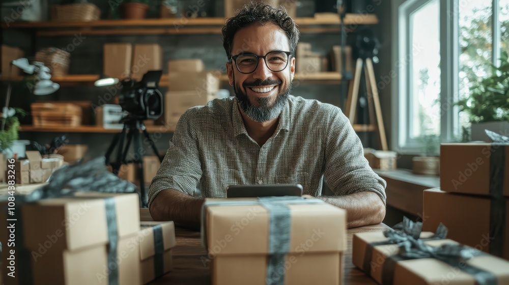 A cheerful man with glasses sits in a warm workspace, surrounded by packaged boxes, evoking themes of industriousness, accomplishment, and contentment. A cheerful man with glasses sits in a warm workspace, surrounded by packaged boxes, evoking themes of industriousness, accomplishment, and contentment.