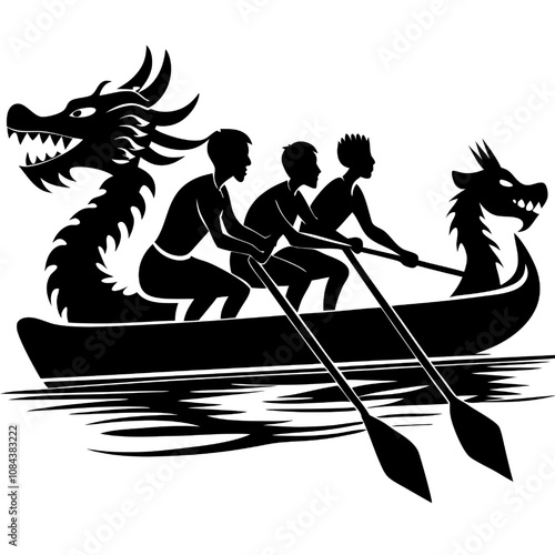 Dragon Boat Race: A powerful silhouette depicting three athletes rowing a dragon boat, showcasing strength, teamwork, and cultural heritage. The fierce dragon heads add a dramatic touch. 