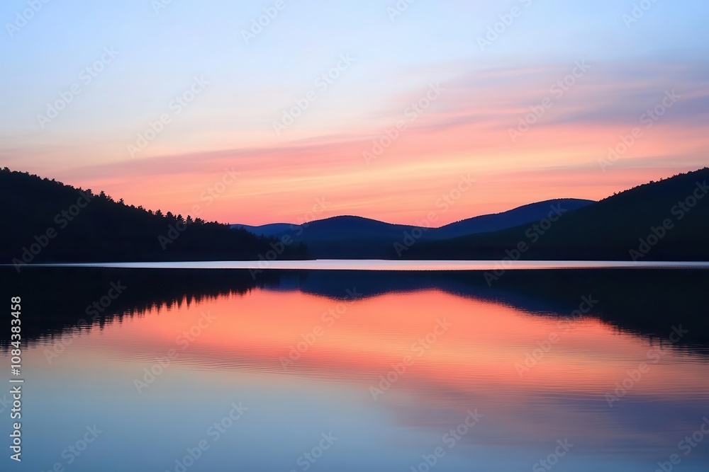 Serene sunset over a calm lake, reflecting vibrant colors and surrounding hills. Serene sunset over a calm lake, reflecting vibrant colors and surrounding hills.