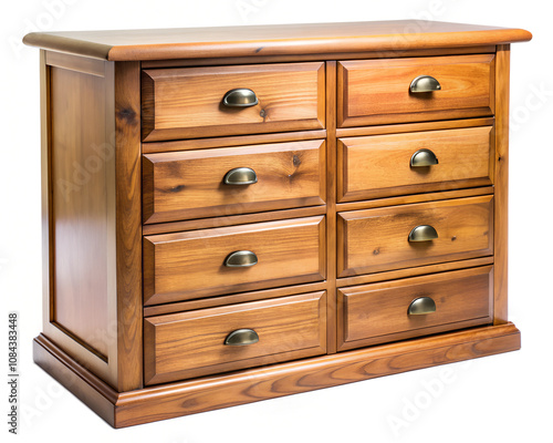 A wooden chest of drawers with multiple compartments and brass handles, set against a plain background, emphasizing classic design and sturdy craftsmanship. photo