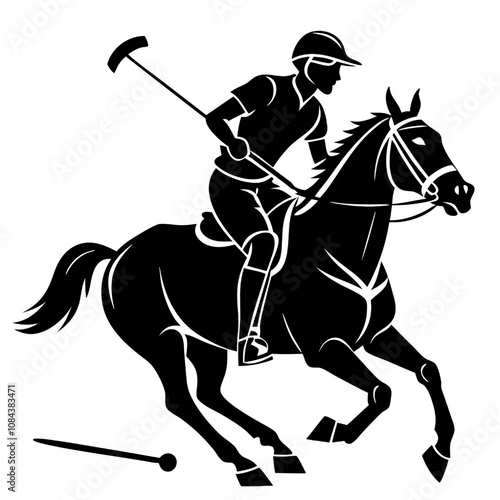 Polo Player Silhouette: A dynamic silhouette of a polo player in action, riding a horse at full gallop with mallet raised.  A powerful image of skill, speed and grace.