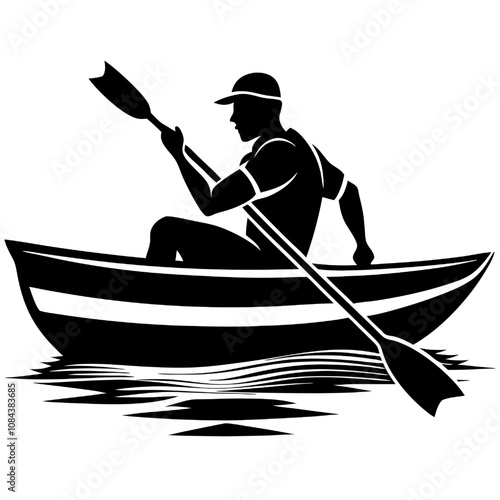 Solo Kayaking Adventure: A stylized silhouette of a man kayaking on calm water, embodying serenity, adventure, and the joy of solo exploration. 