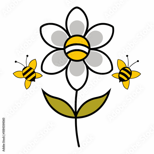 Bees buzzing around a blooming flower outline vector illustration