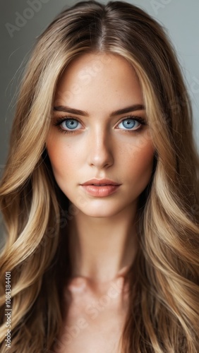 Captivating beauty with striking blue eyes and flowing blonde hair exuding natural elegance indoors