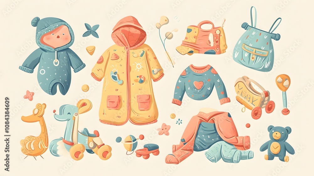 Naklejka premium Playful Newborn Baby Clothes and Toys Illustration