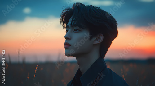 Cinematic close-up of a young korean actor in a twilight field. Melancholy. Illustration