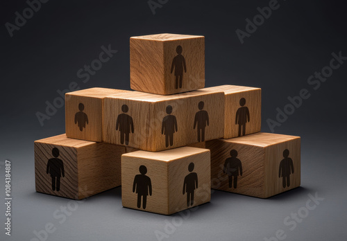 Wooden blocks with human silhouettes arranged in an organized pattern, representing a business management and technology team setting up a hybrid work environment concept.  photo