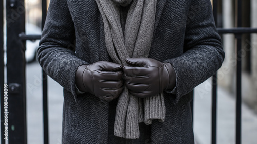 A classic cashmere sweater in a neutral color, layered under a timeless wool coat in charcoal grey, paired with a matching scarf and leather gloves.