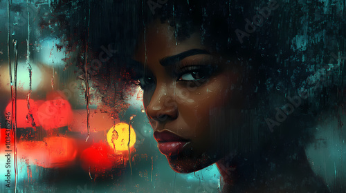 Emotional downpour sad african american woman gazing through rainstreaked window melancholy mood digital painting. Melancholy. Illustration photo