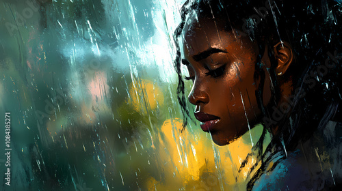 Emotional downpour sad african american woman gazing through rainstreaked window melancholy mood digital painting. Melancholy. Illustration photo