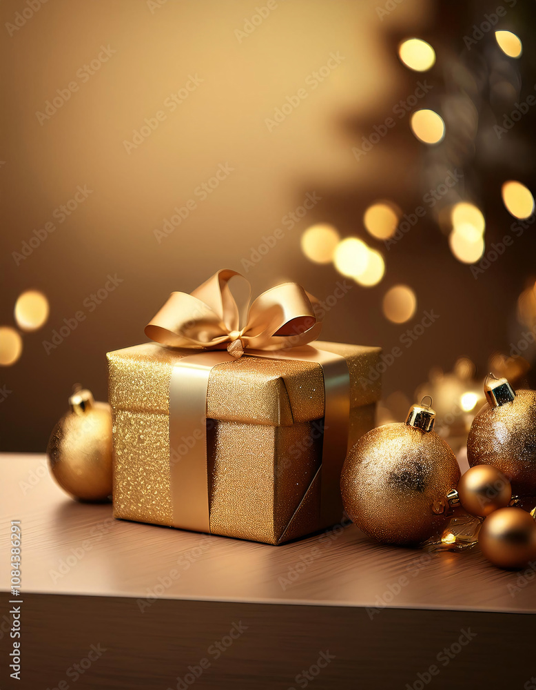 A festive Christmas scene with golden ornaments and a warm, glowing background A festive Christmas scene with golden ornaments and a warm, glowing background