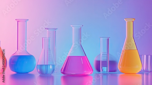 Colorful laboratory glassware with liquids on a gradient background.