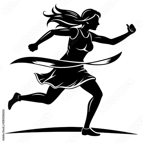 Victory Silhouette: A determined female runner crosses the finish line, her silhouette a powerful symbol of perseverance and triumph.  