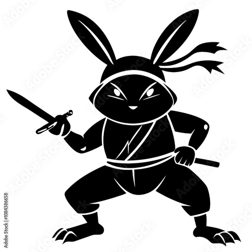 Ninja Bunny Warrior: A fierce and adorable bunny rabbit ninja, poised for action with a dagger and staff, in a striking black silhouette.  A perfect image for children's books, gaming.