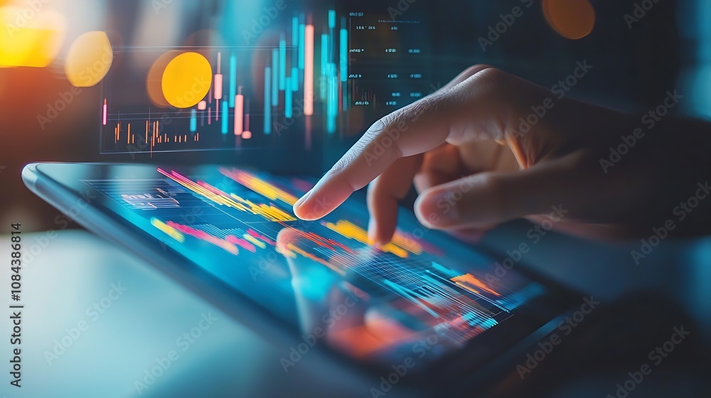 Businessman using a tablet with a growth graph and financial data on a virtual screen. Double exposure of a business concept background. Businessman using a tablet with a growth graph and financial data on a virtual screen. Double exposure of a business concept background.