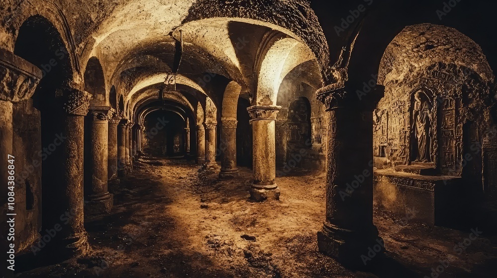 Fototapeta premium Ancient Underground Catacombs with Intricate Carvings